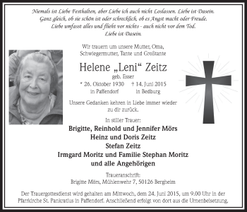 Anzeige von Helene  Zeitz von  Sonntags-Post 