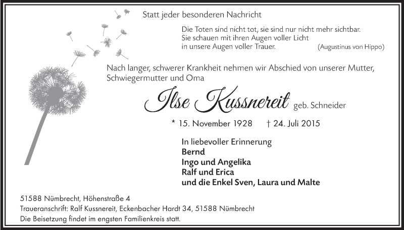  Traueranzeige für Ilse Kussnereit vom 29.07.2015 aus  Lokalanzeiger 