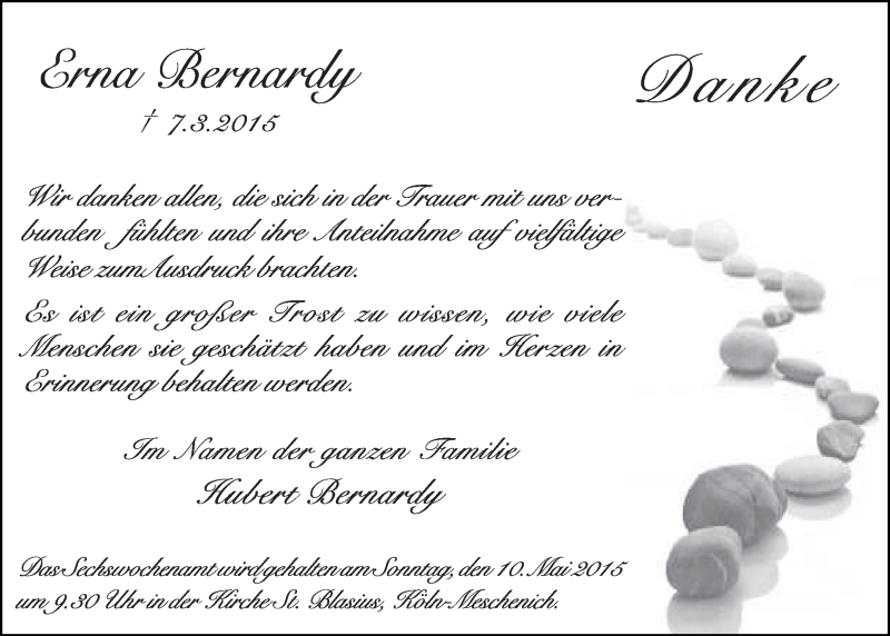  Traueranzeige für Erna Bernardy vom 22.04.2015 aus  Schlossbote/Werbekurier 