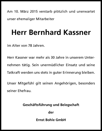 Anzeige von Bernhard Kassner von Kölner Stadt-Anzeiger / Kölnische Rundschau / Express
