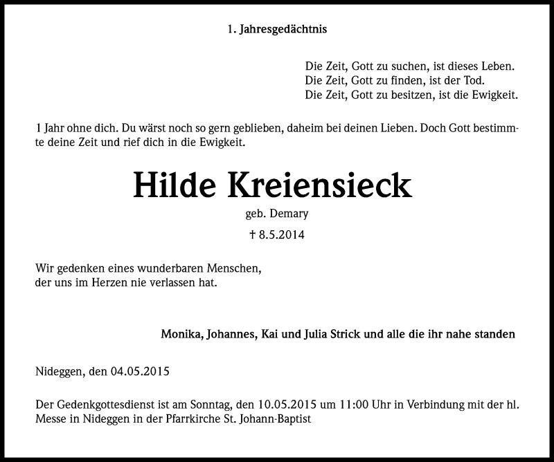  Traueranzeige für Hilde Kreiensieck vom 05.05.2015 aus Kölner Stadt-Anzeiger / Kölnische Rundschau / Express
