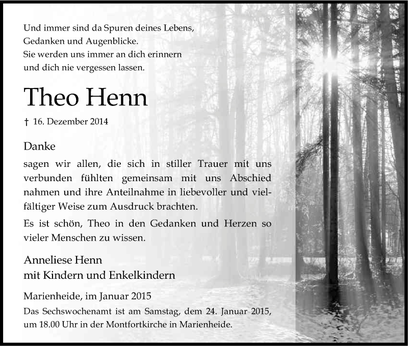  Traueranzeige für Theo Henn vom 21.01.2015 aus Kölner Stadt-Anzeiger / Kölnische Rundschau / Express
