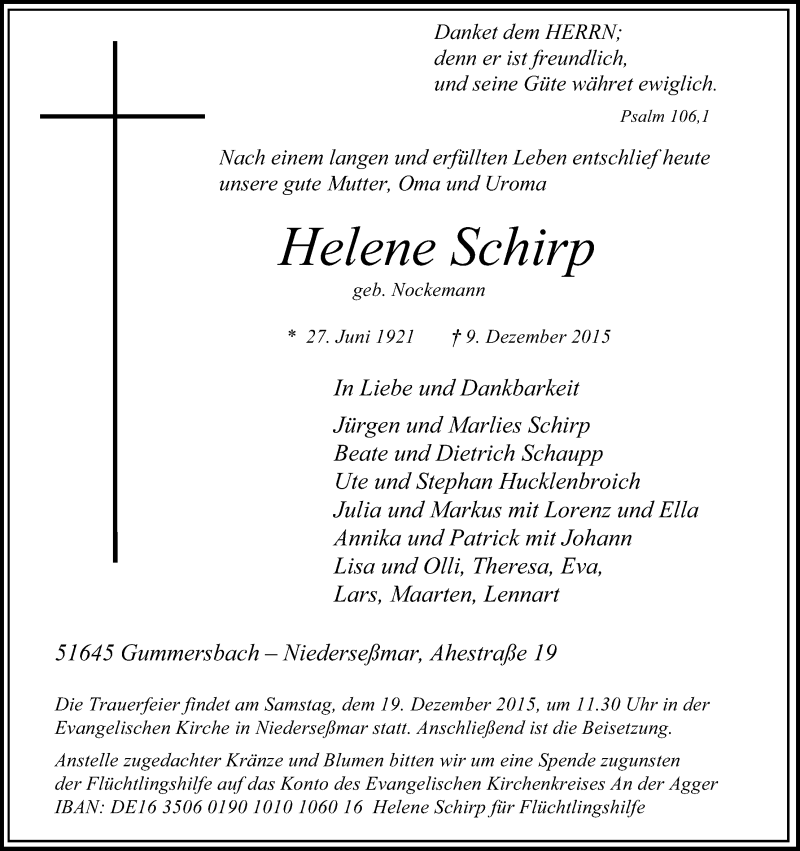  Traueranzeige für Helene Schirp vom 12.12.2015 aus Kölner Stadt-Anzeiger / Kölnische Rundschau / Express