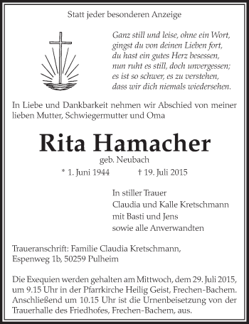Anzeige von Rita Hamacher von  Sonntags-Post 