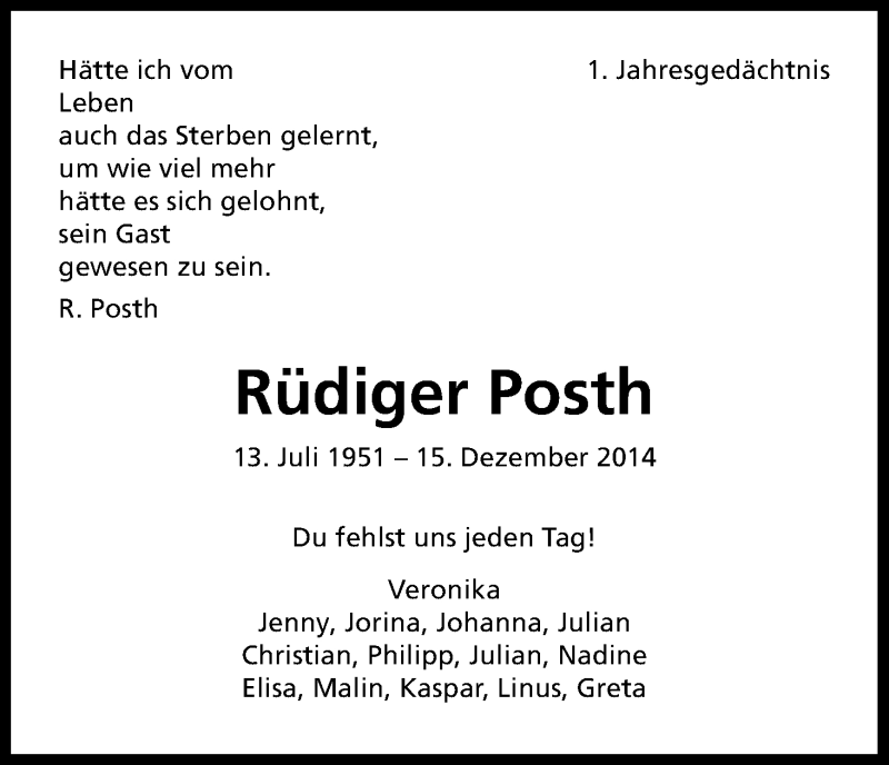  Traueranzeige für Rüdiger Posth vom 16.12.2015 aus Kölner Stadt-Anzeiger / Kölnische Rundschau / Express