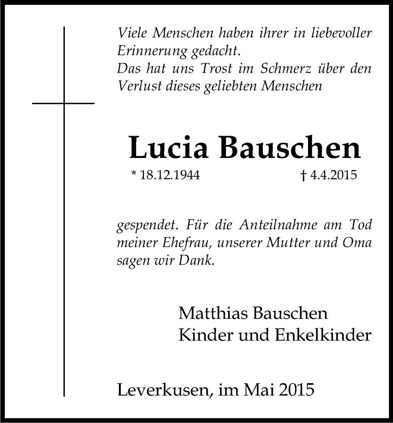  Traueranzeige für Lucia Bauschen vom 02.05.2015 aus Kölner Stadt-Anzeiger / Kölnische Rundschau / Express