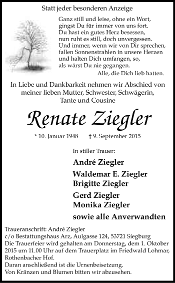 Anzeige von Renate Ziegler von Kölner Stadt-Anzeiger / Kölnische Rundschau / Express