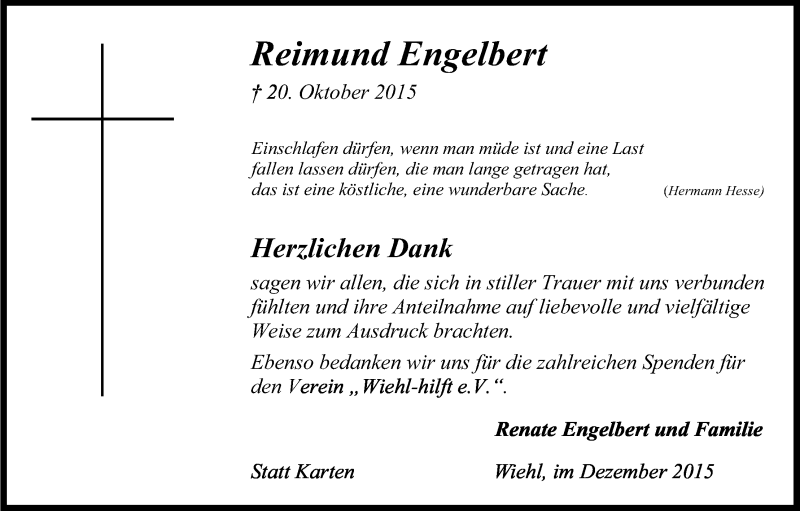  Traueranzeige für Reimund Engelbert vom 12.12.2015 aus Kölner Stadt-Anzeiger / Kölnische Rundschau / Express
