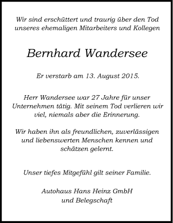 Anzeige von Bernhard Wandersee von Kölner Stadt-Anzeiger / Kölnische Rundschau / Express