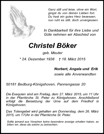 Anzeige von Christel Böker von Kölner Stadt-Anzeiger / Kölnische Rundschau / Express