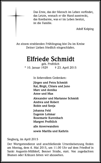 Anzeige von Elfriede Schmidt von Kölner Stadt-Anzeiger / Kölnische Rundschau / Express