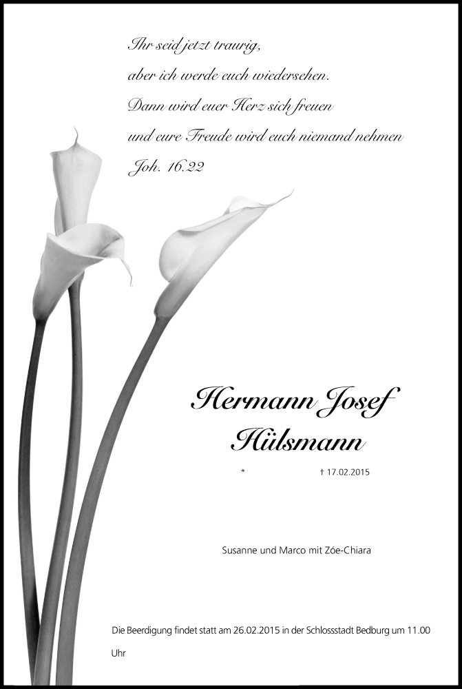  Traueranzeige für Hermann Josef Hülsmann vom 20.02.2015 aus Kölner Stadt-Anzeiger / Kölnische Rundschau / Express