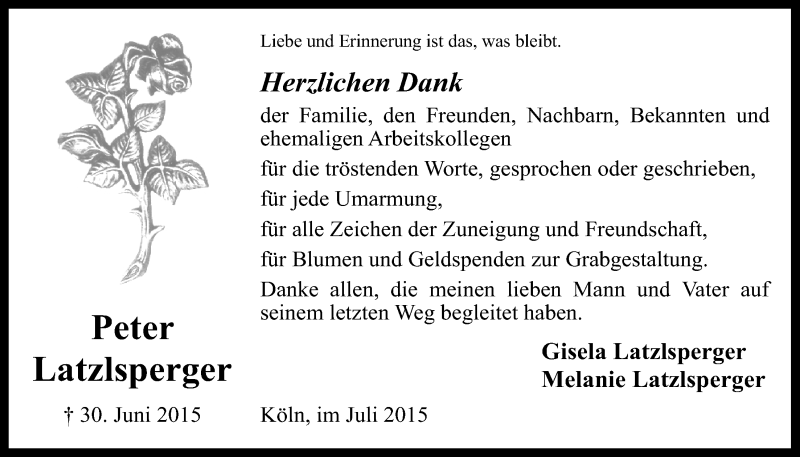  Traueranzeige für Peter Latzlsperger vom 29.07.2015 aus  Kölner Wochenspiegel 