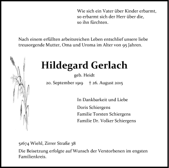 Anzeige von Hildegard Gerlach von Kölner Stadt-Anzeiger / Kölnische Rundschau / Express