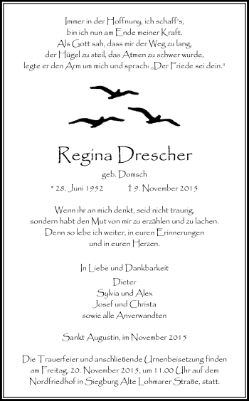 Anzeige von Regina Drescher von Köln - Wir Trauern