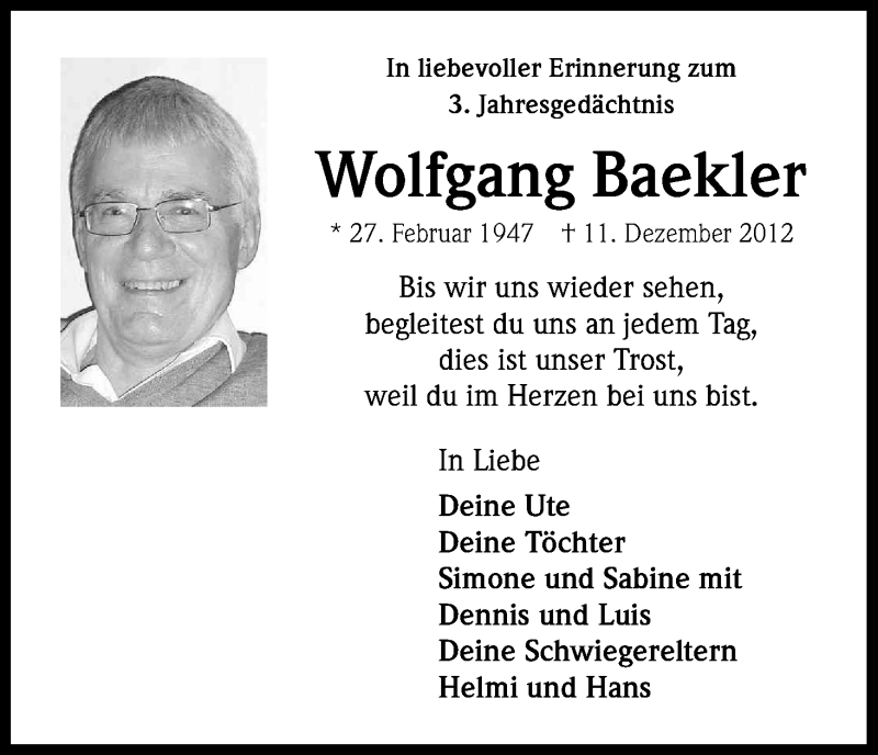  Traueranzeige für Wolfgang Baekler vom 11.12.2015 aus Kölner Stadt-Anzeiger / Kölnische Rundschau / Express