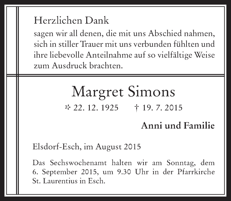  Traueranzeige für Margret Simons vom 02.09.2015 aus  Werbepost 