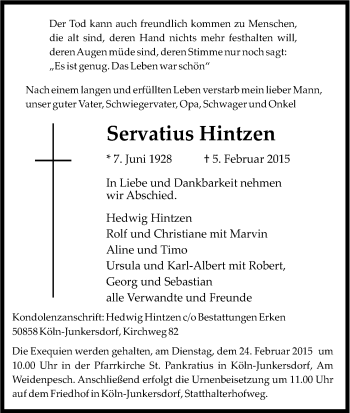 Anzeige von Servatius Hintzen von Kölner Stadt-Anzeiger / Kölnische Rundschau / Express