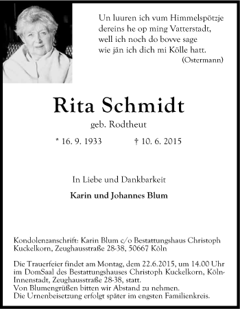Anzeige von Rita Schmidt von Kölner Stadt-Anzeiger / Kölnische Rundschau / Express