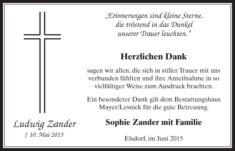  Traueranzeige für Ludwig Zander vom 17.06.2015 aus  Werbepost 