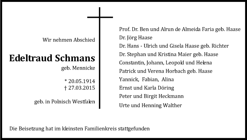  Traueranzeige für Edeltraud Schmans vom 02.05.2015 aus Kölner Stadt-Anzeiger / Kölnische Rundschau / Express
