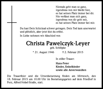 Anzeige von Christa Pawelczyk-Leyer von Kölner Stadt-Anzeiger / Kölnische Rundschau / Express