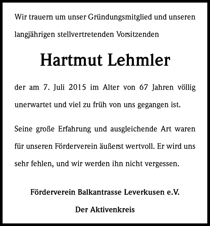  Traueranzeige für Hartmut Lehmler vom 14.07.2015 aus Kölner Stadt-Anzeiger / Kölnische Rundschau / Express