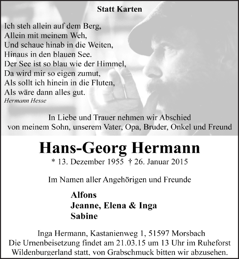 Traueranzeige für Hans-Georg Hermann vom 18.03.2015 aus  Lokalanzeiger 