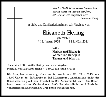 Anzeige von Elisabeth Hering von Kölner Stadt-Anzeiger / Kölnische Rundschau / Express