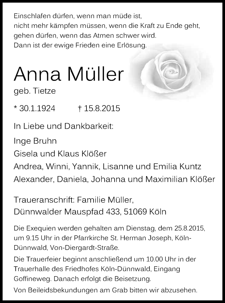  Traueranzeige für Anna Müller vom 22.08.2015 aus Kölner Stadt-Anzeiger / Kölnische Rundschau / Express