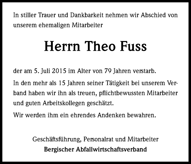  Traueranzeige für Theo Fuss vom 10.07.2015 aus Kölner Stadt-Anzeiger / Kölnische Rundschau / Express