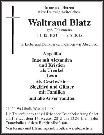 Anzeige von Waltraud Blatz von  Lokalanzeiger 