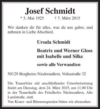 Anzeige von Josef Schmidt von  Werbepost 