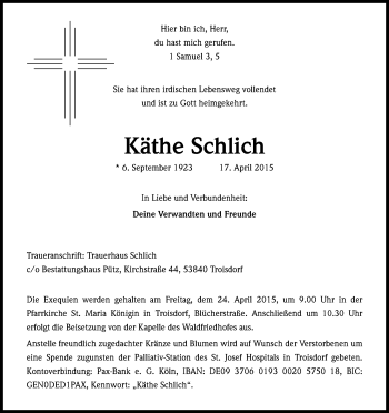 Anzeige von Käthe Schlich von Kölner Stadt-Anzeiger / Kölnische Rundschau / Express