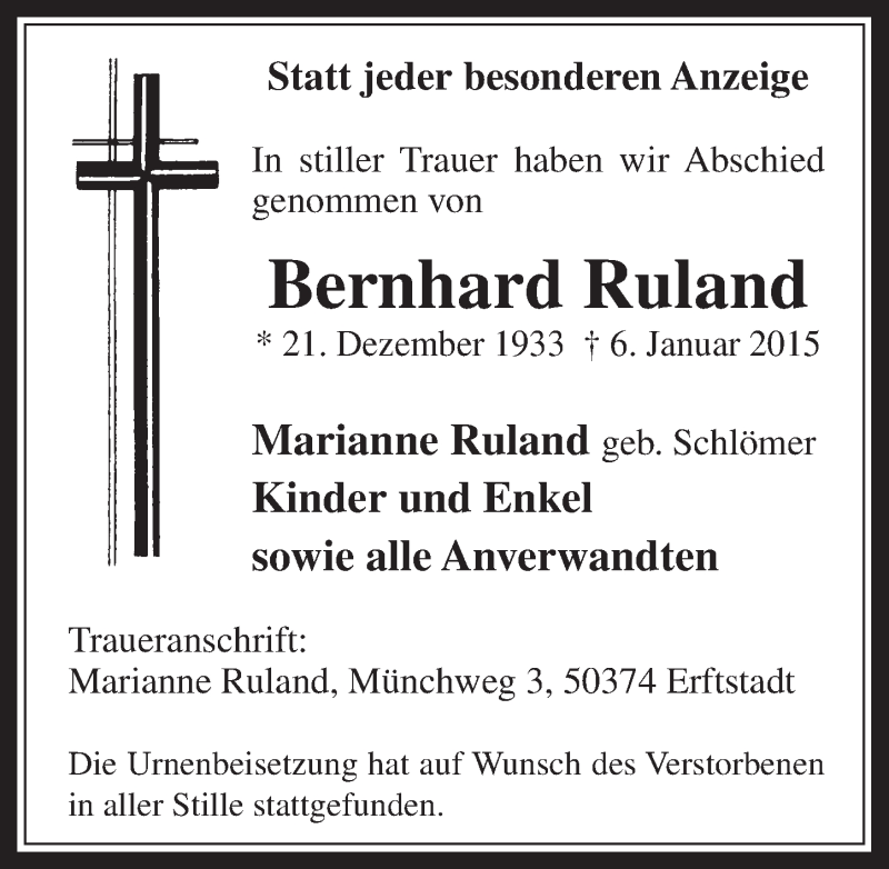  Traueranzeige für Bernhard Ruland vom 21.01.2015 aus  Werbepost 