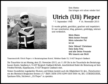 Anzeige von Ulrich Pieper von Kölner Stadt-Anzeiger / Kölnische Rundschau / Express