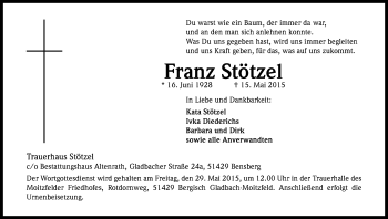 Anzeige von Franz Stötzel von Kölner Stadt-Anzeiger / Kölnische Rundschau / Express