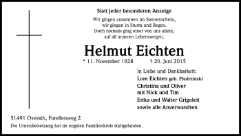 Anzeige von Helmut Eichten von Kölner Stadt-Anzeiger / Kölnische Rundschau / Express