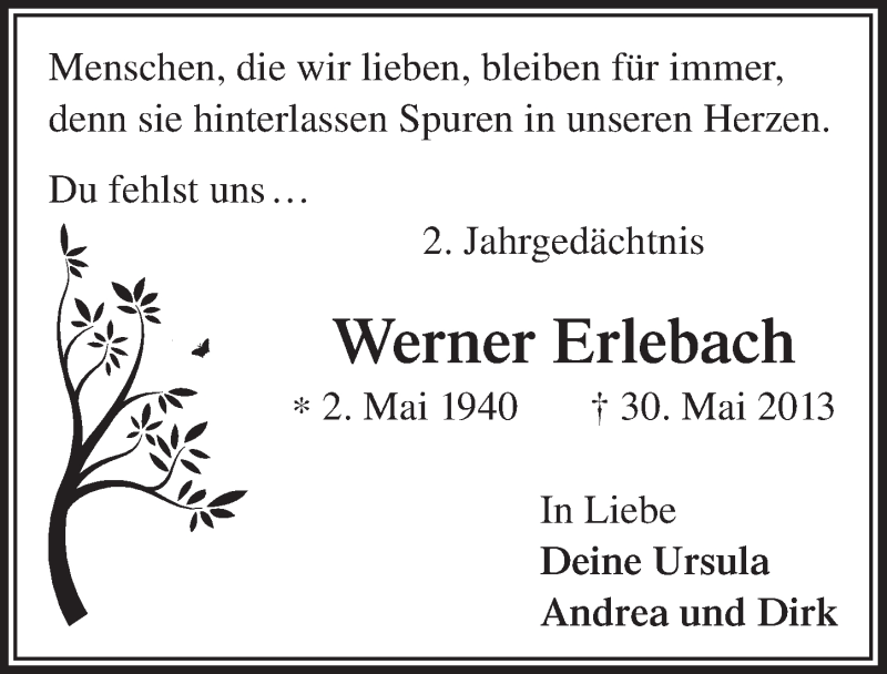 Traueranzeige für Werner Erlebach vom 27.05.2015 aus  Anzeigen Echo 