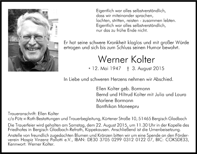  Traueranzeige für Werner Kolter vom 15.08.2015 aus Kölner Stadt-Anzeiger / Kölnische Rundschau / Express