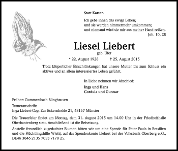 Anzeige von Liesel Liebert von Kölner Stadt-Anzeiger / Kölnische Rundschau / Express