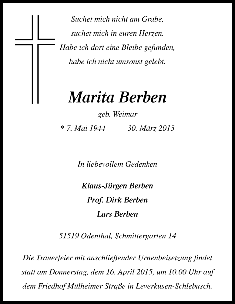 Traueranzeige für Marita Berben vom 07.04.2015 aus Kölner Stadt-Anzeiger / Kölnische Rundschau / Express