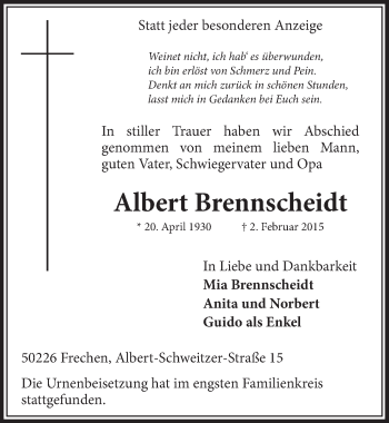 Anzeige von Albert Brennscheidt von  Sonntags-Post 