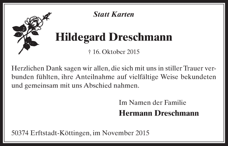  Traueranzeige für Hildegard Dreschmann vom 11.11.2015 aus  Werbepost 