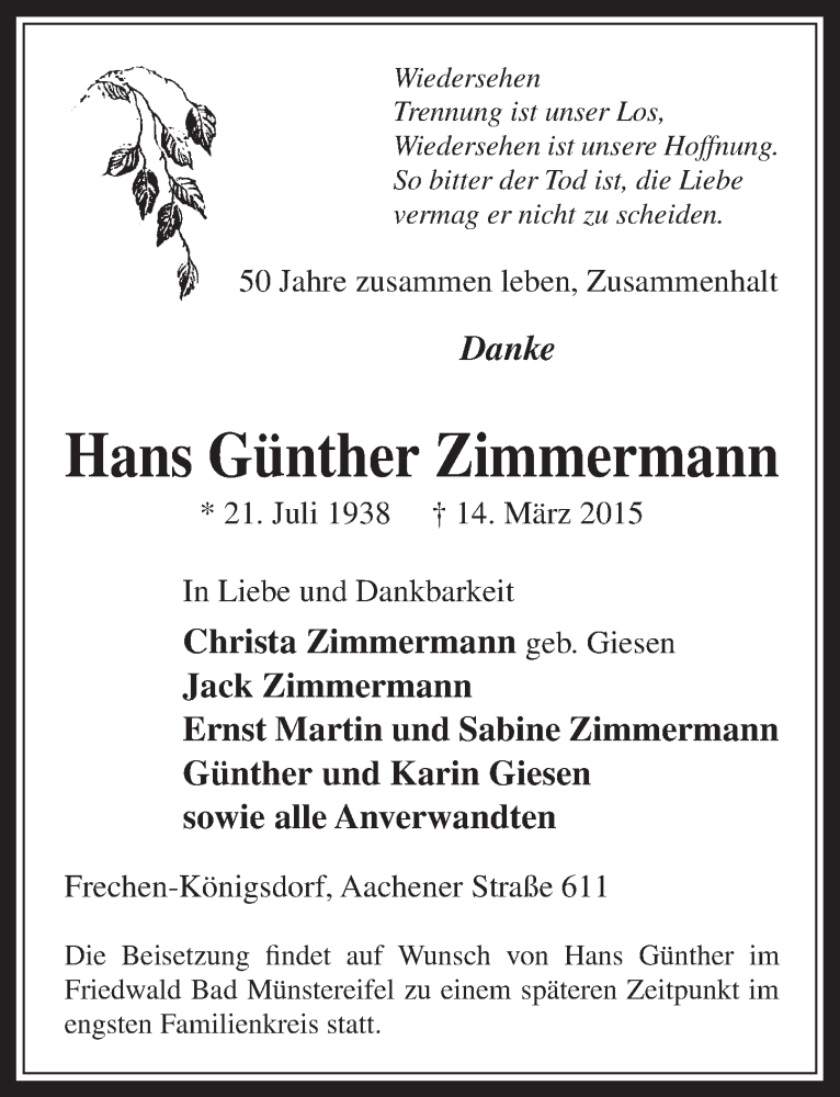  Traueranzeige für Hans Günther Zimmermann vom 18.03.2015 aus  Wochenende 