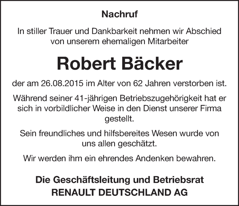  Traueranzeige für Robert Bäcker vom 09.09.2015 aus  Schlossbote/Werbekurier 