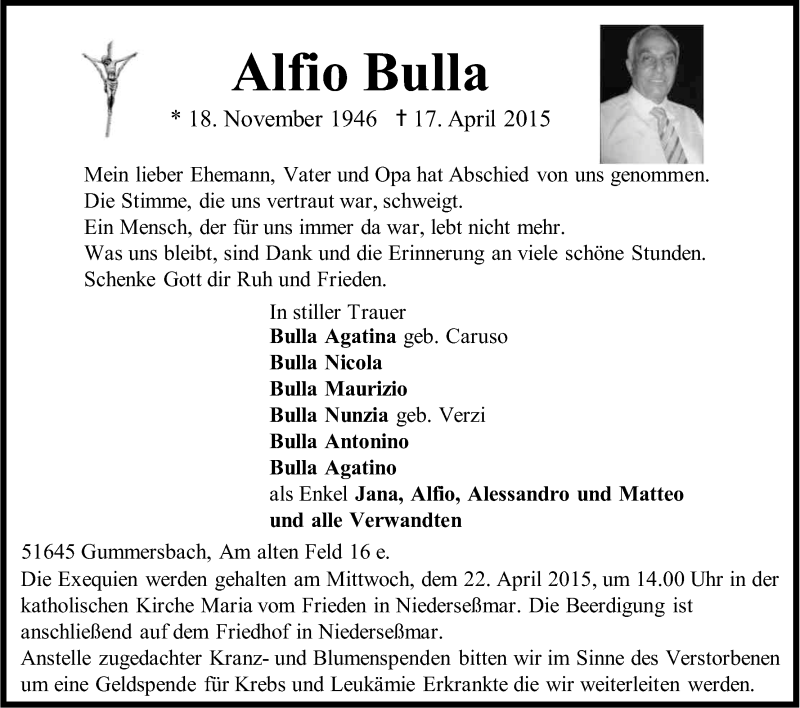  Traueranzeige für Alfio Bulla vom 21.04.2015 aus Kölner Stadt-Anzeiger / Kölnische Rundschau / Express