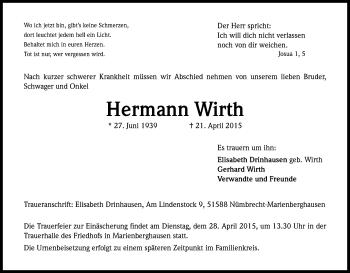 Anzeige von Hermann Wirth von Kölner Stadt-Anzeiger / Kölnische Rundschau / Express