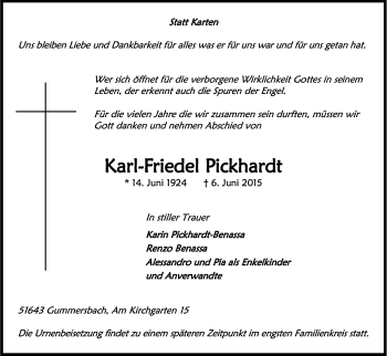 Anzeige von Karl-Friedel Pickhardt von Kölner Stadt-Anzeiger / Kölnische Rundschau / Express