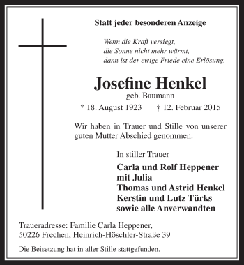 Anzeige von Josefine Henkel von  Wochenende 